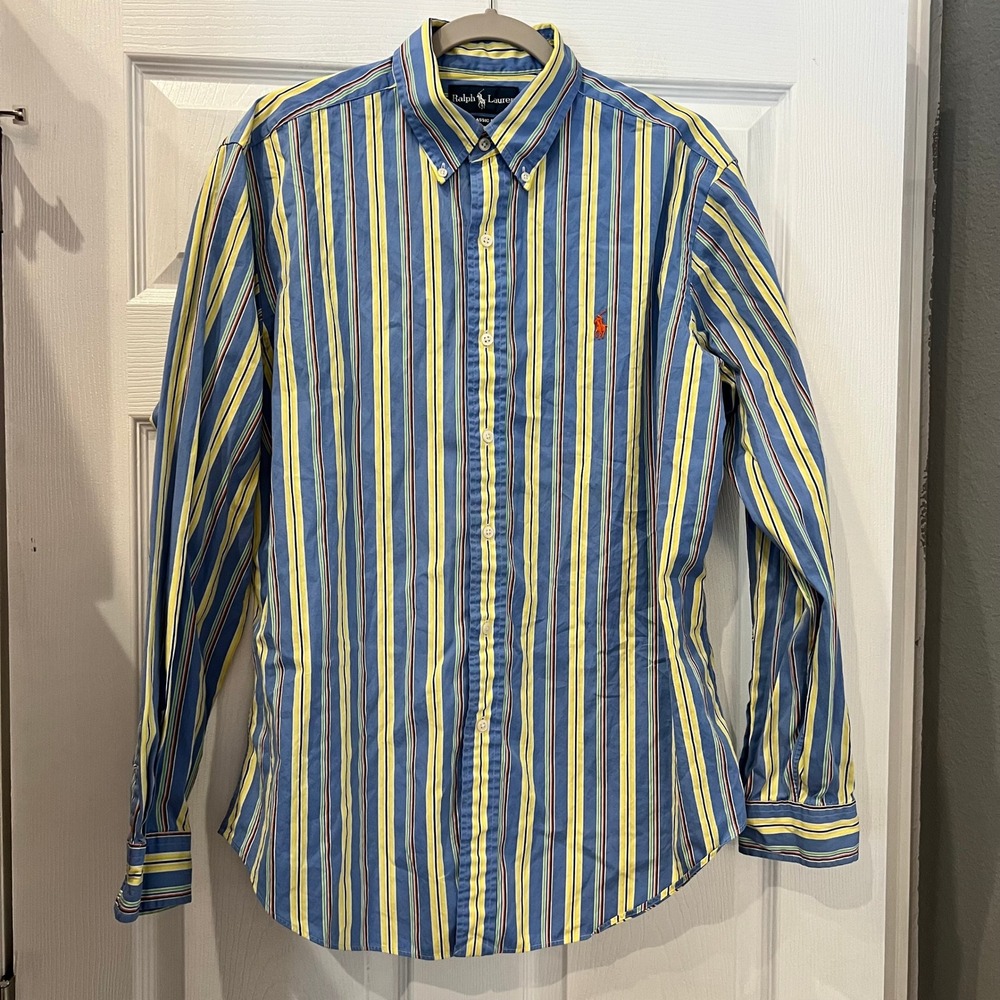 Ralph Lauren Button Down Shirt Cotton Poplin Striped Blue Yellow Classic Fit L